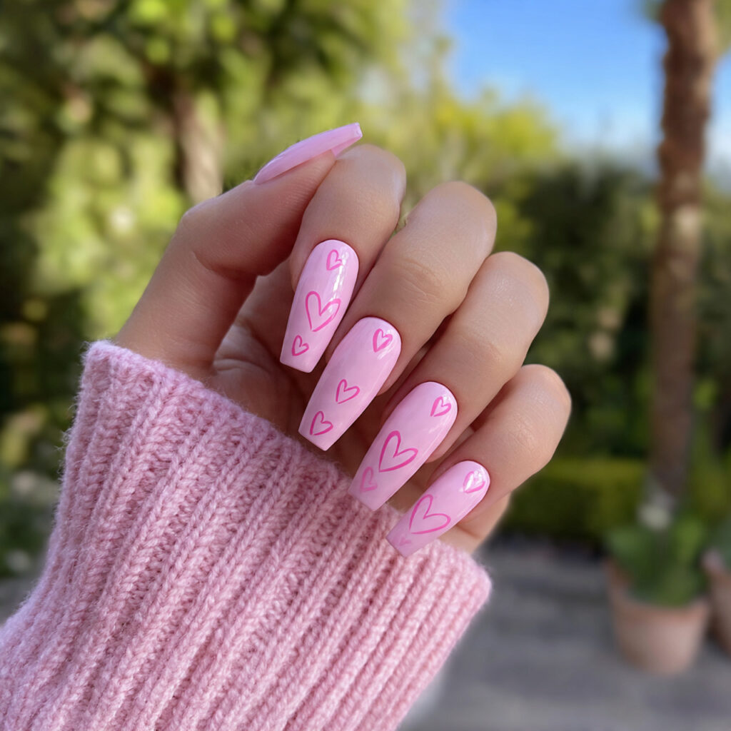 attractive baby pink heart detail coffin nails wit