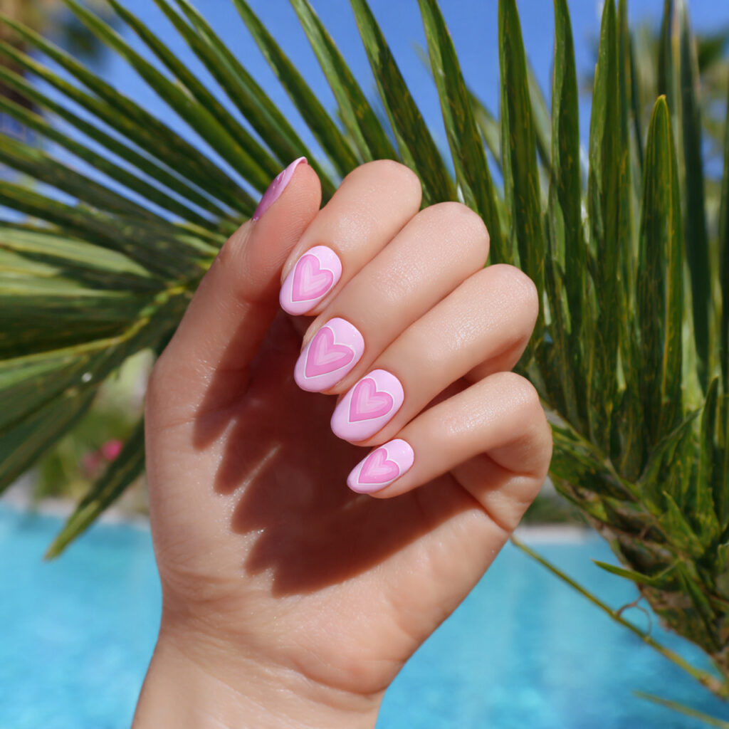 attractive baby pink heart nails with outdoor summ