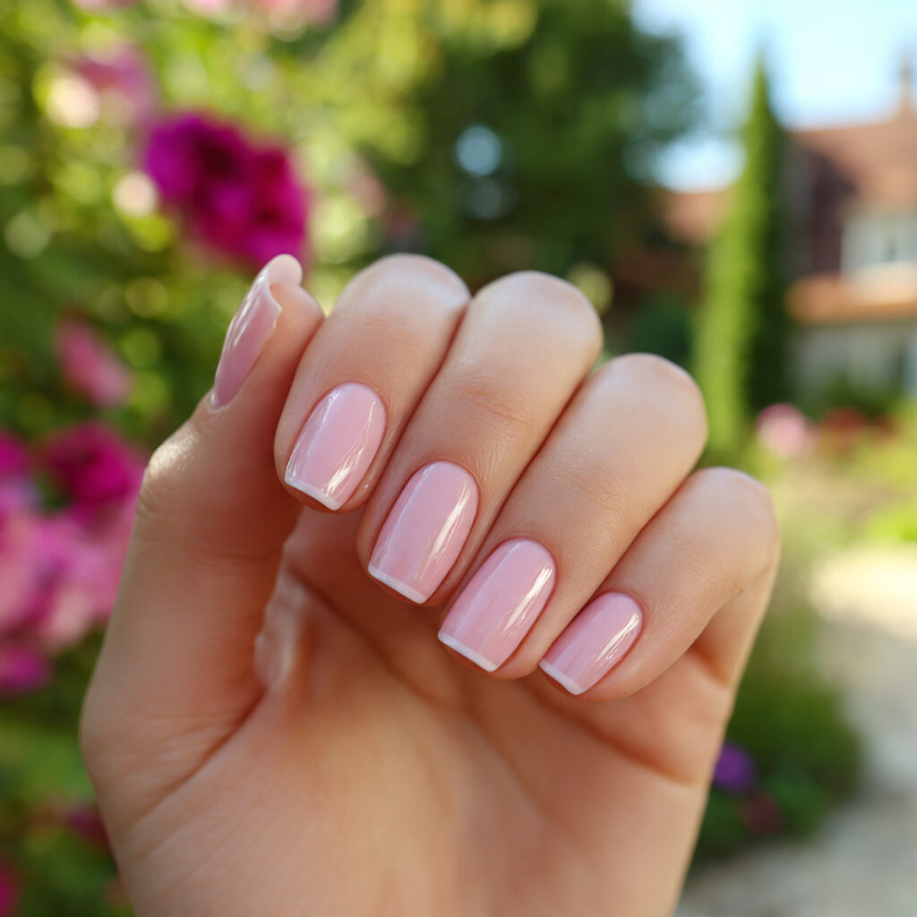 attractive baby pink micro french nails with outdo
