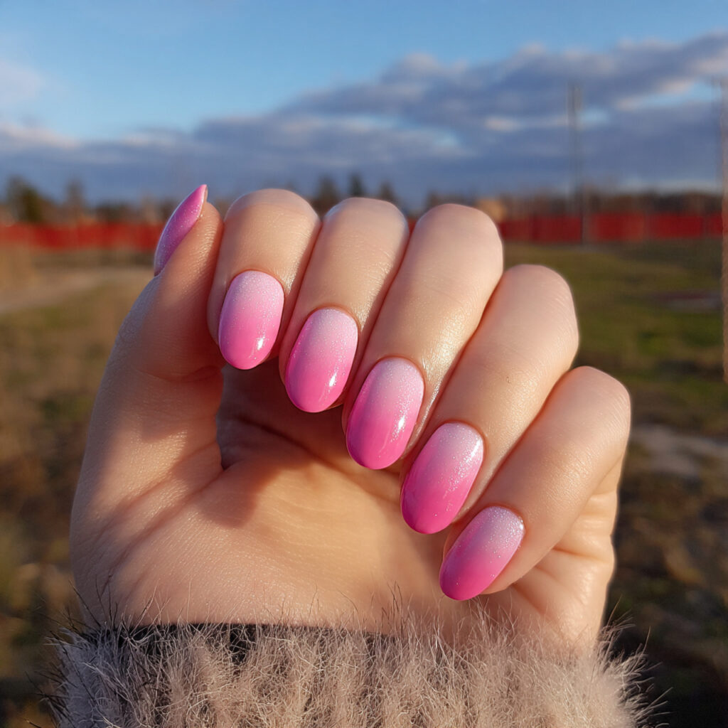 attractive baby pink ombre nails with outdoor back