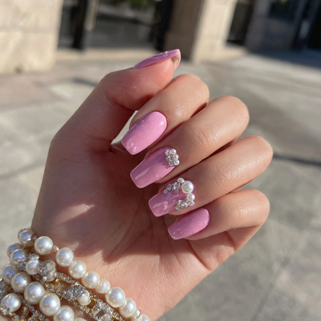 attractive baby pink pearl accent nails with outdo