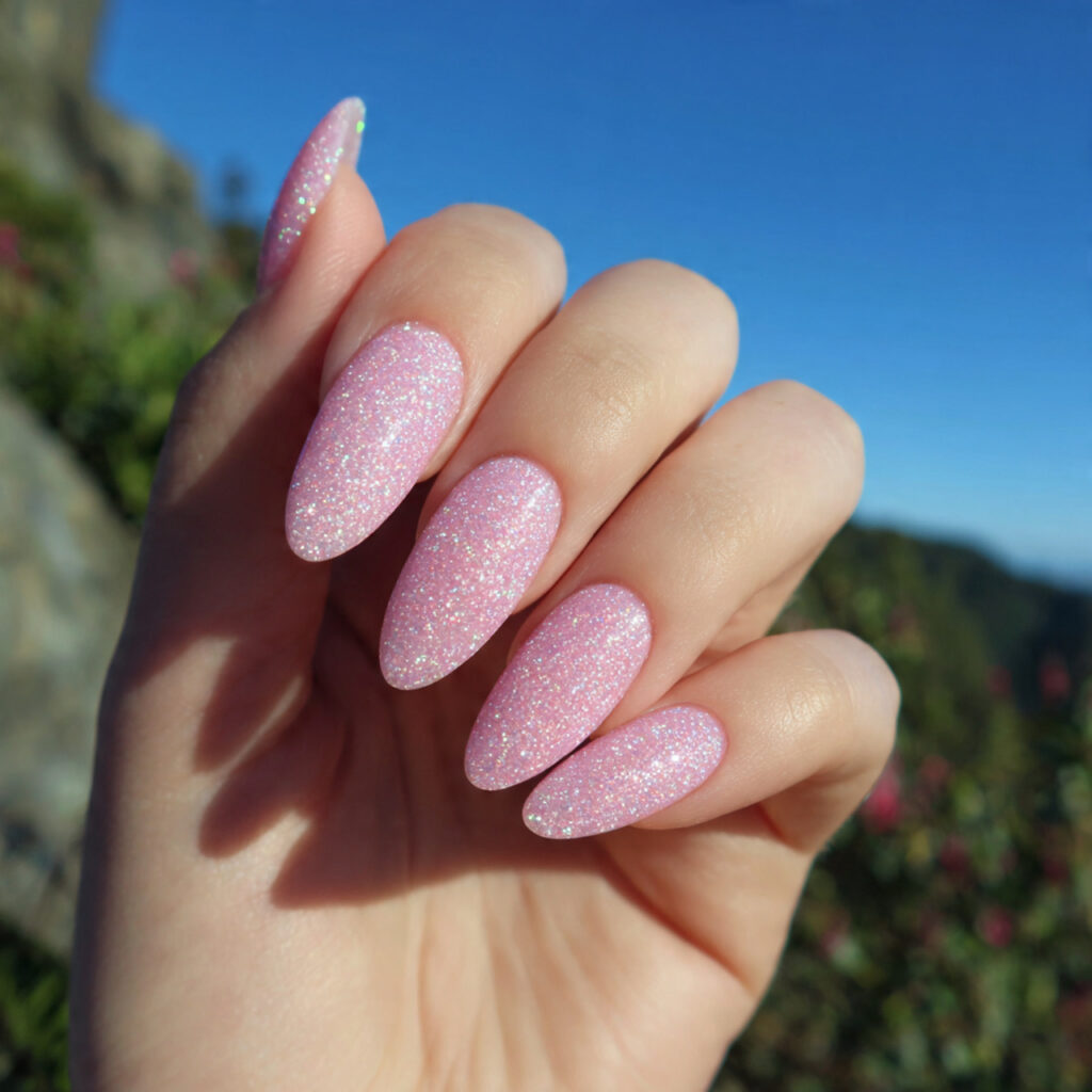 attractive baby pink shimmer nails with outdoor ba
