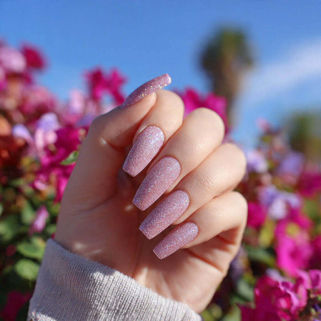 attractive baby pink shimmer nails with outdoor su