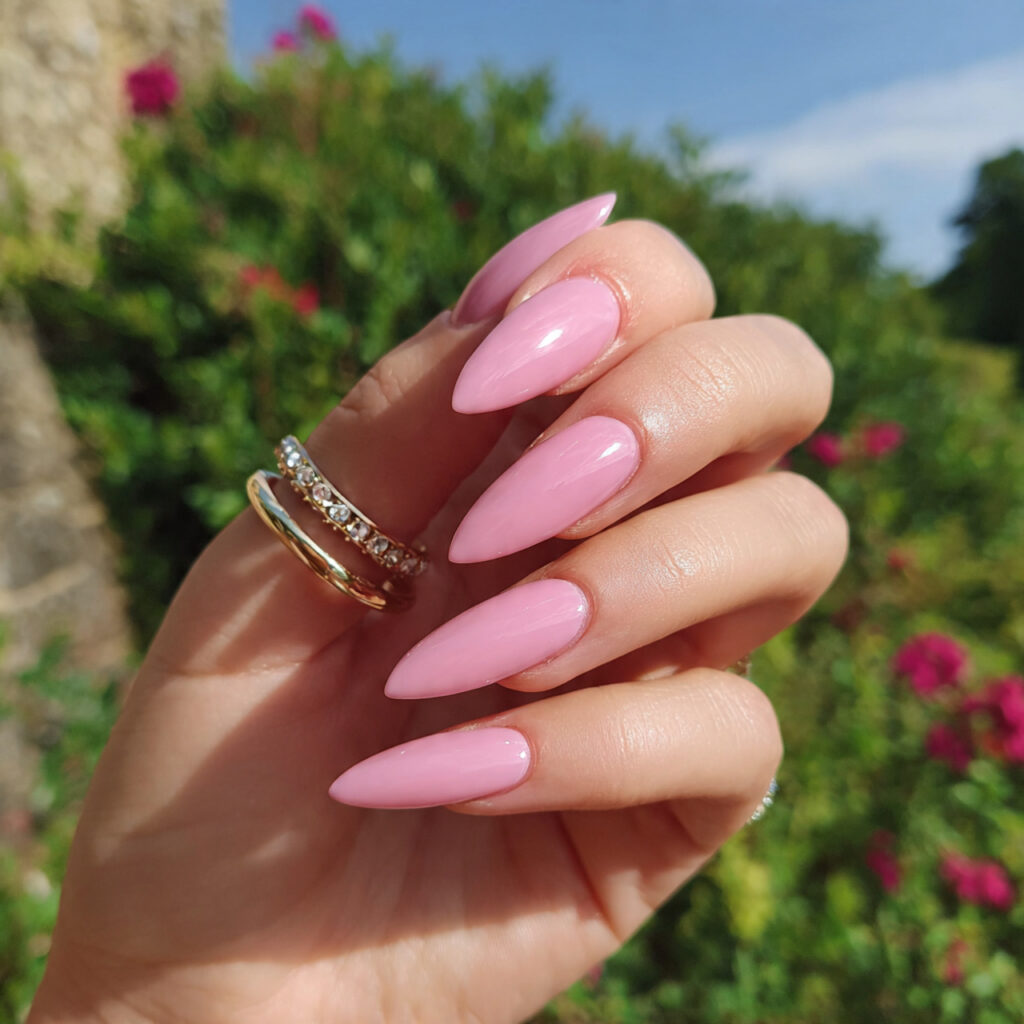 attractive baby pink stiletto nails with outdoor b