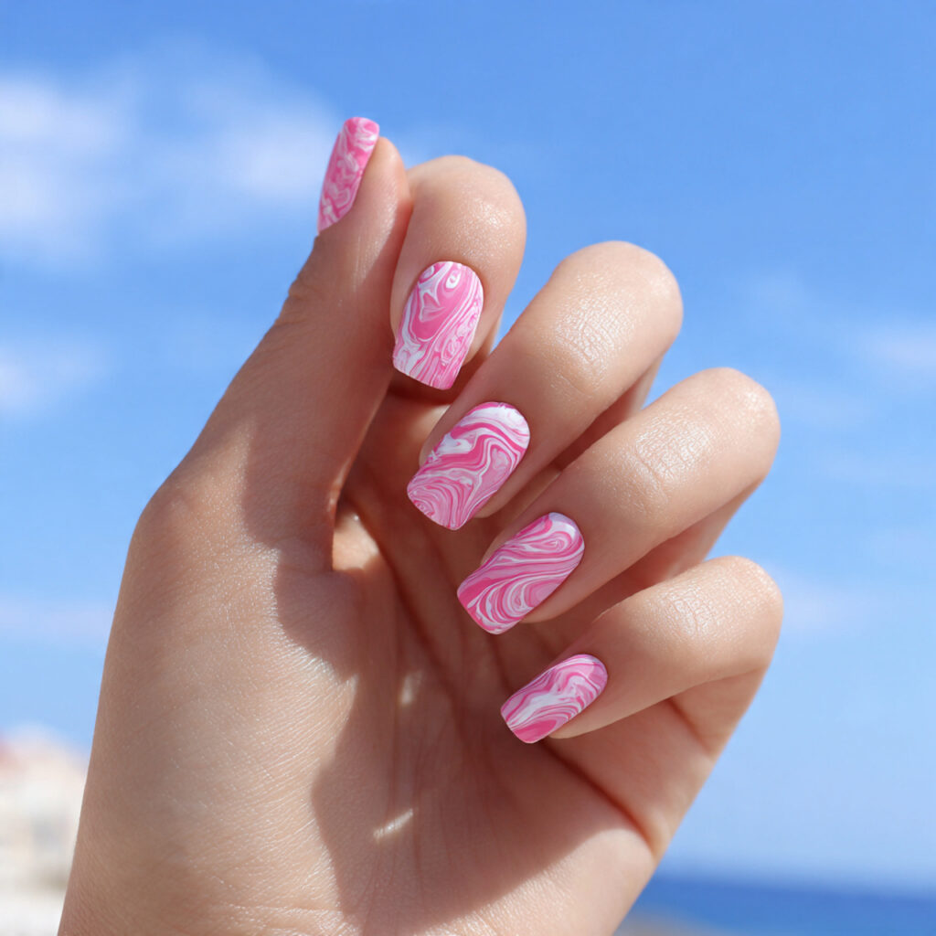 attractive baby pink swirl nails with outdoor summ