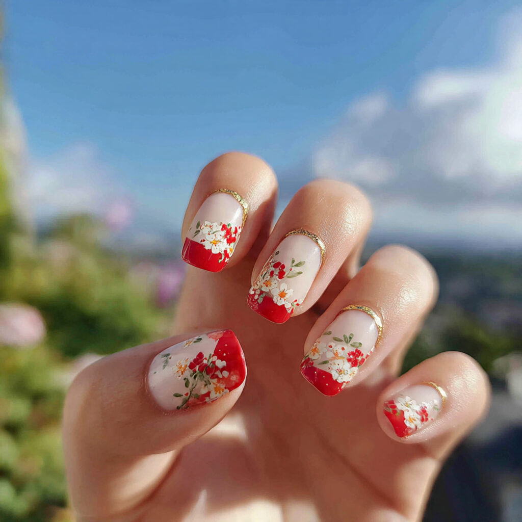 attractive base with red micro flowers nails with