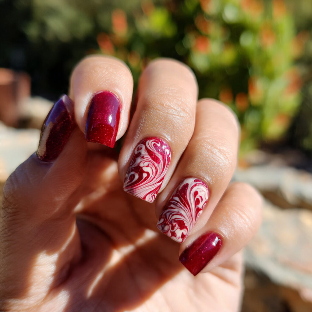 Red Nails Aesthetic: 14 Soft, Trendy & Pinterest-Perfect Ideas You’ll Want to Save 13 attractive base with red swirl art nails with outd