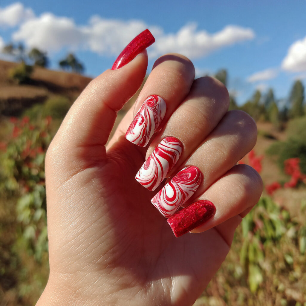 attractive base with red swirl art nails with outd 2