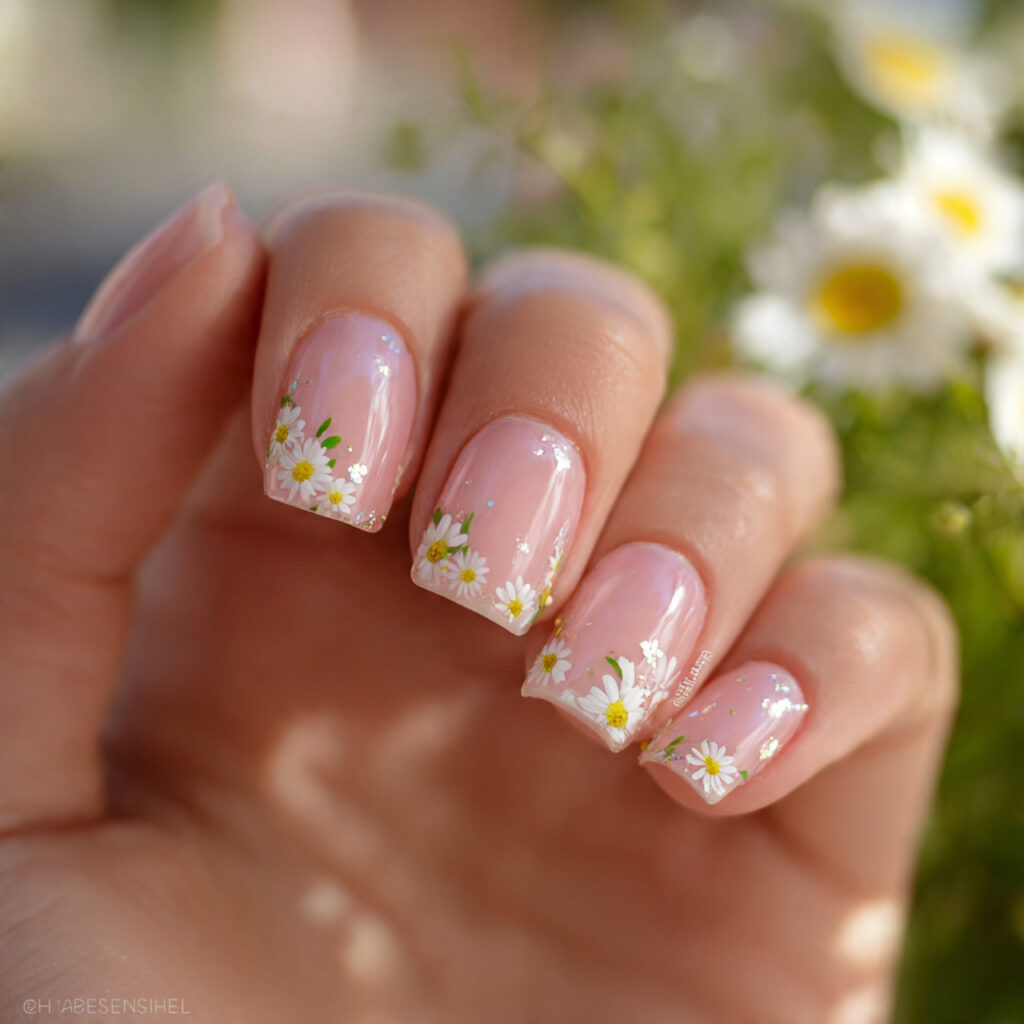 attractive base with tiny daisy accent nails with