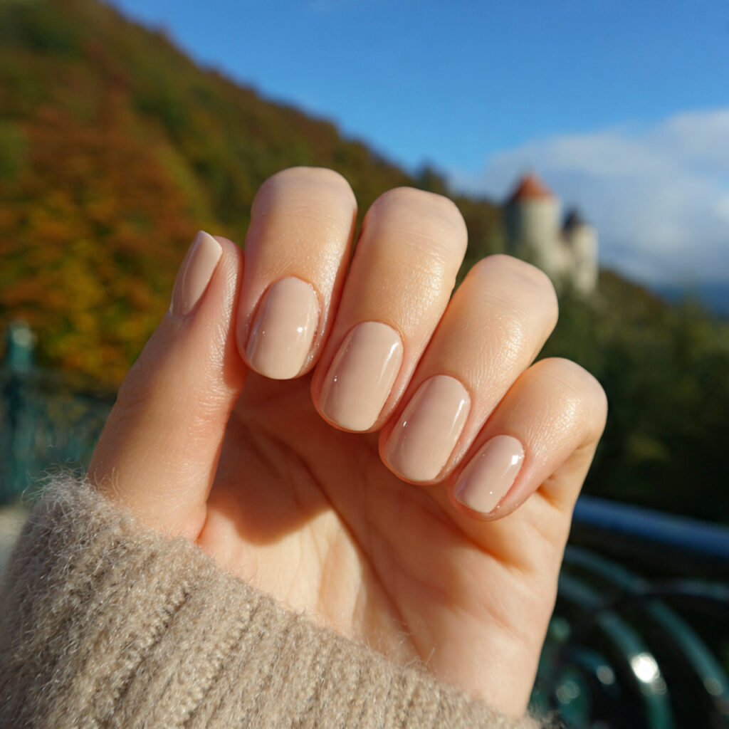 attractive beige gloss short nails with outdoor ba