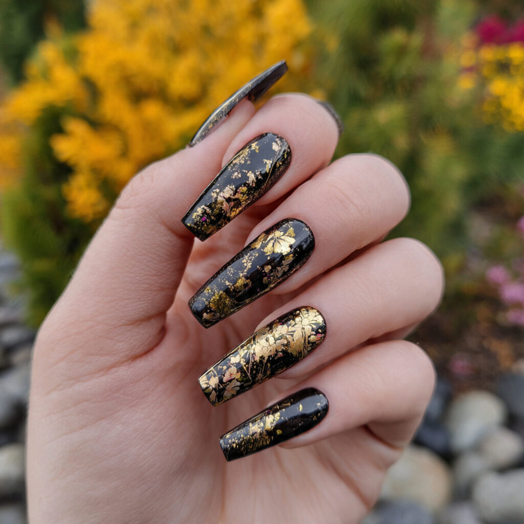 attractive black and gold foil coffin nails with o