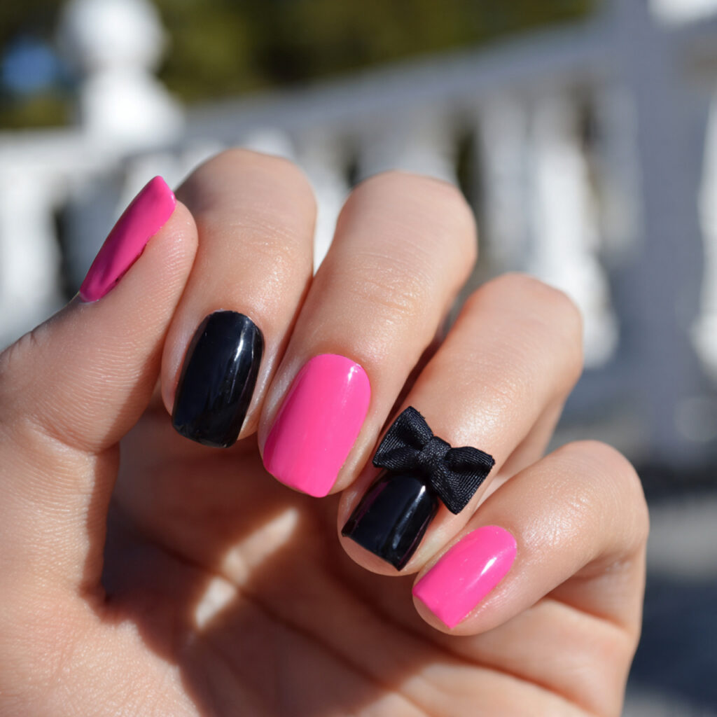 attractive black bow and pink nails with outdoor b