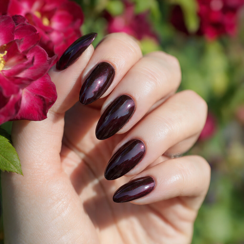 attractive black cherry cat eye gel nails with sum