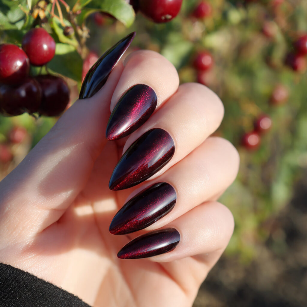 attractive black cherry cat eye stiletto nails wit