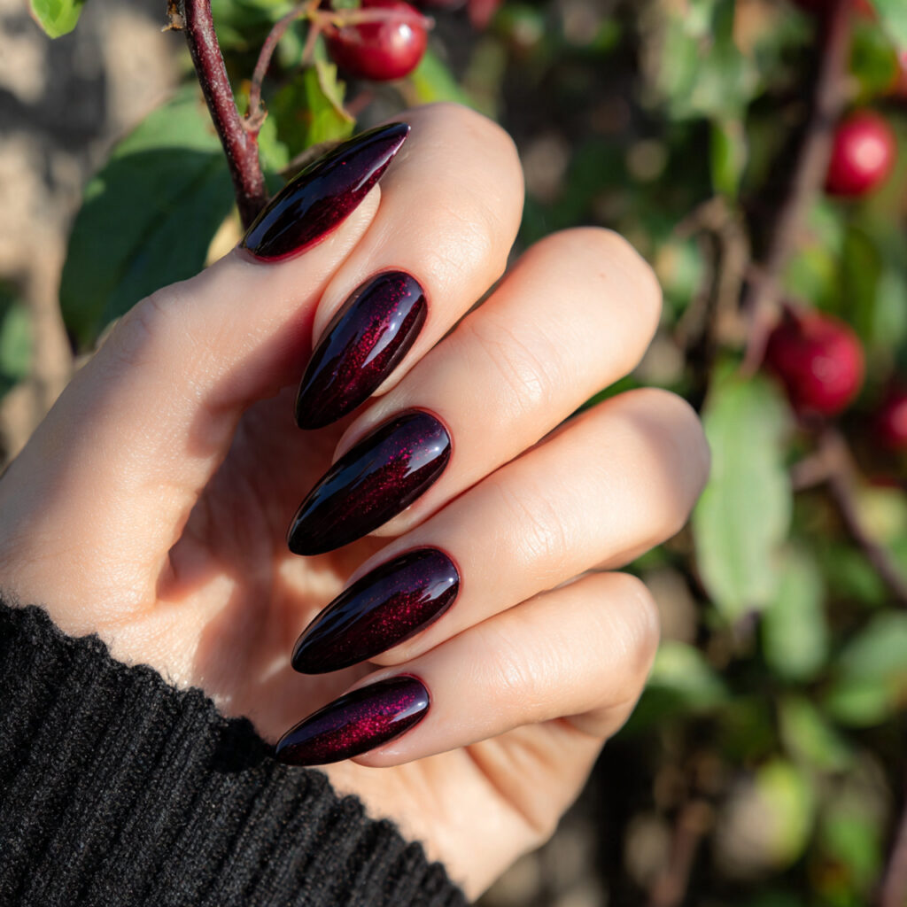attractive black cherry cat eye velvet nails with