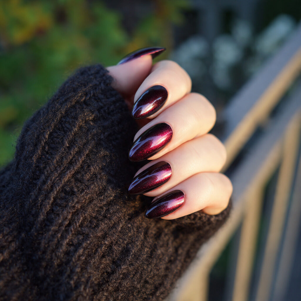 attractive black cherry cat eye velvet nails with 1 3