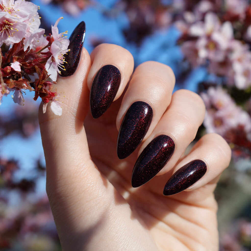 attractive black cherry glitter cat eye nails with