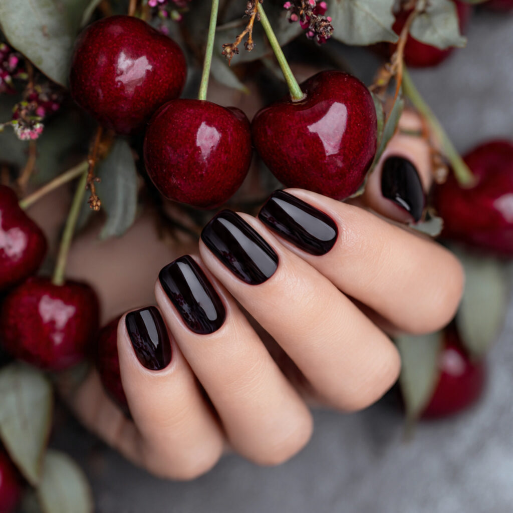 attractive black cherry short nails with outdoor s