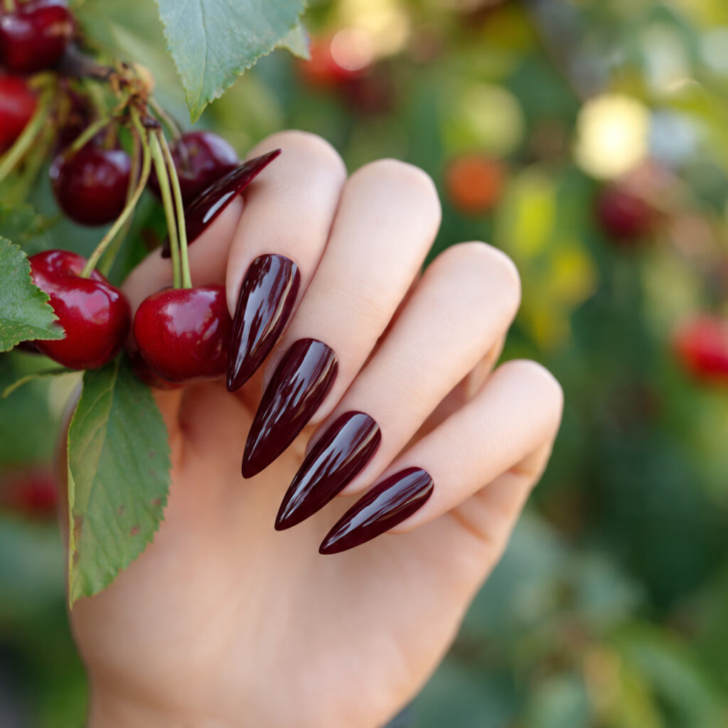 attractive black cherry stiletto acrylic nails wit