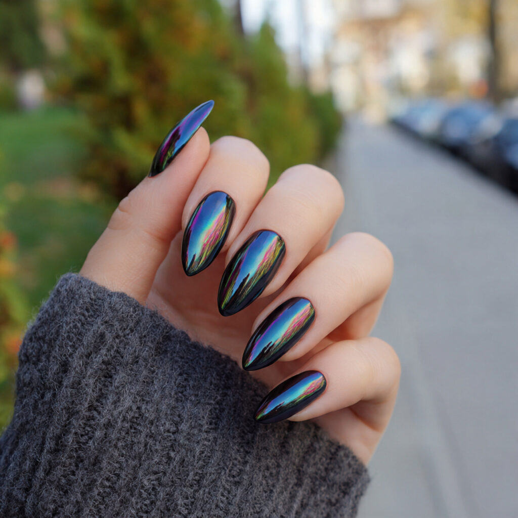 attractive black chrome glazed nails with outdoor