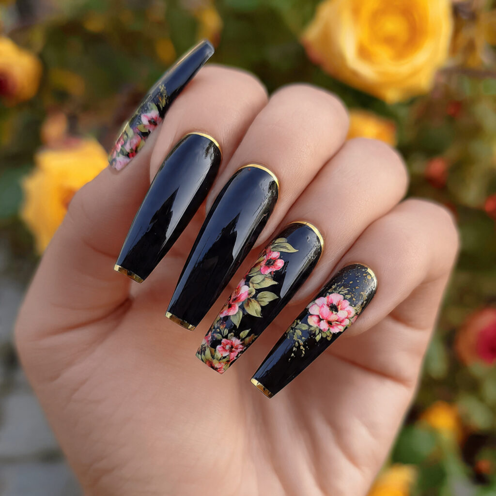 attractive black french long coffin nails with out