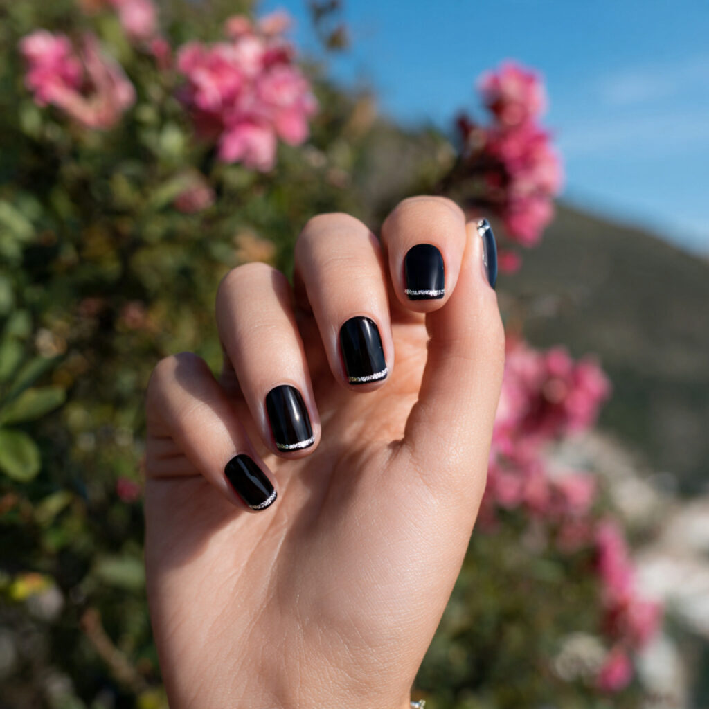 attractive black french square nails with outdoor