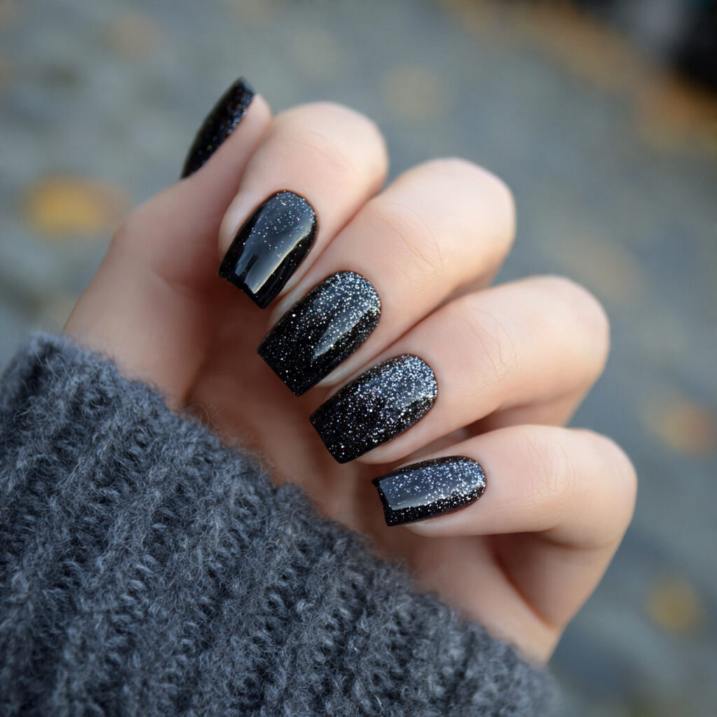 attractive black glitter fade nails with midnight