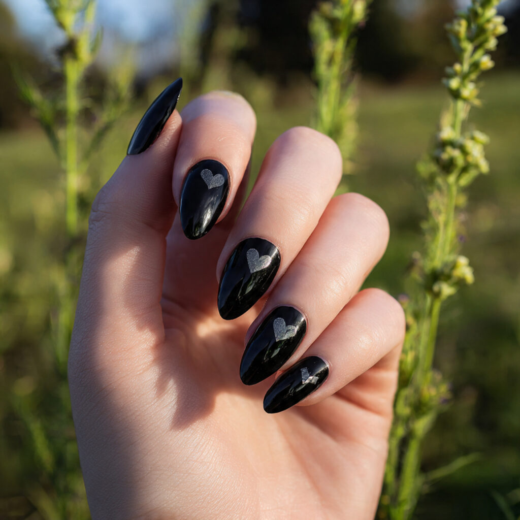 attractive black heart accent nails with outdoor b