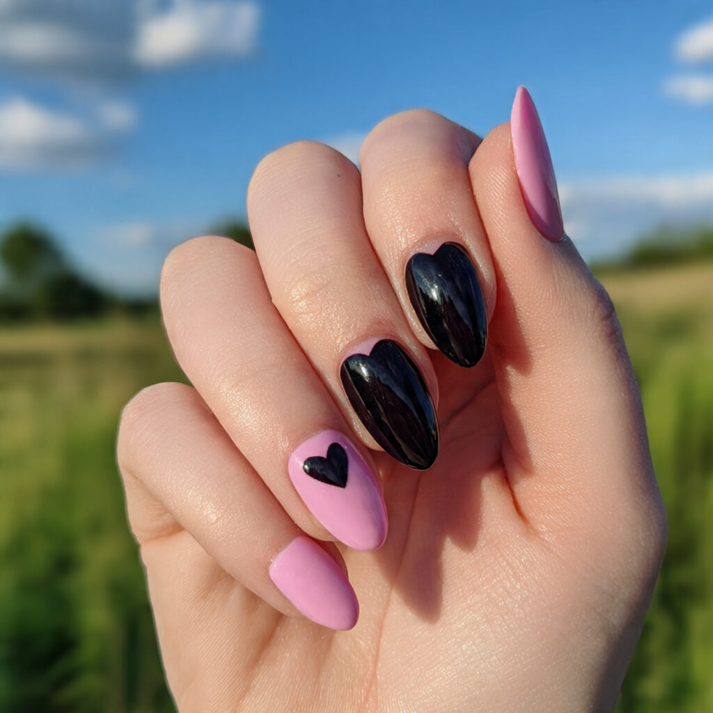 attractive black heart and pink nails with outdoor
