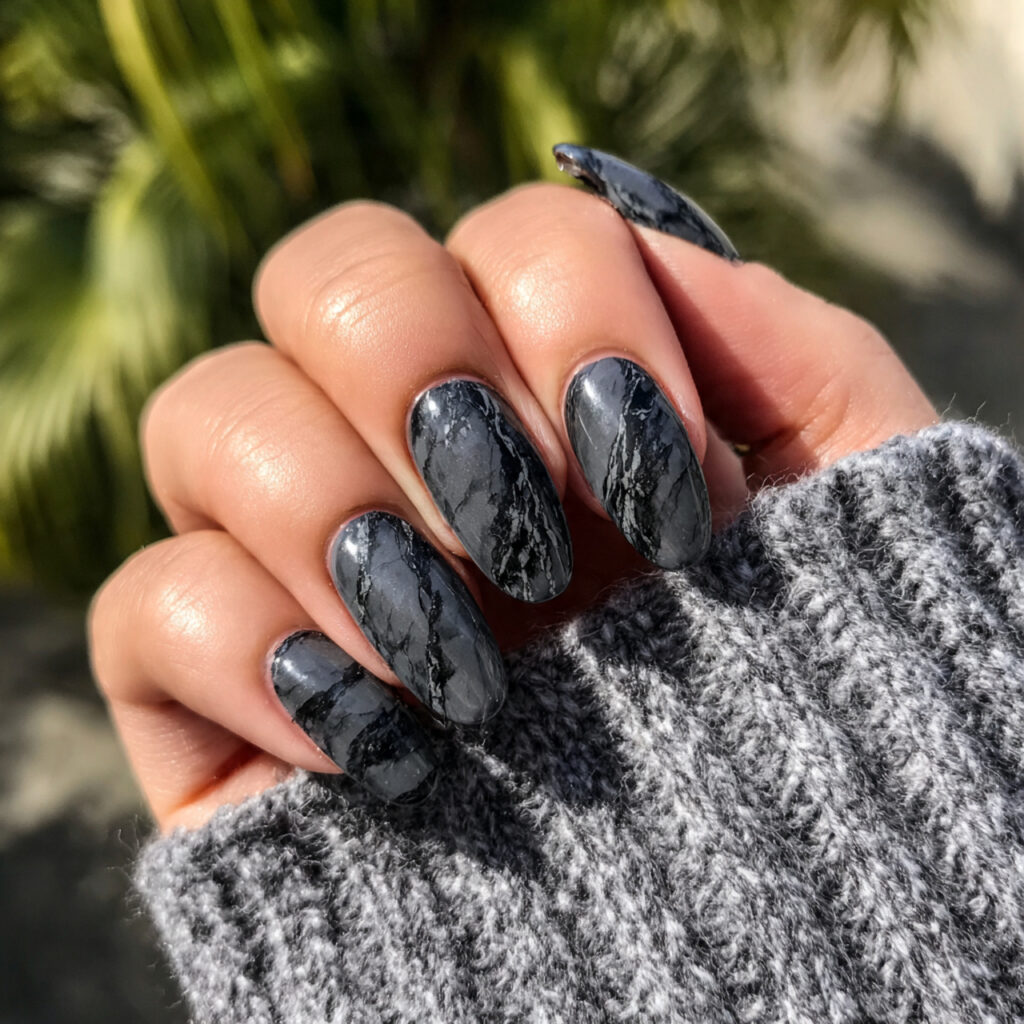 attractive black marble nails with smoky gray vein