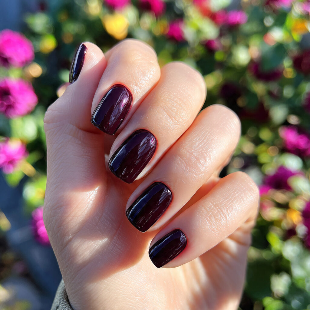 attractive black plum gloss short nails with outdo