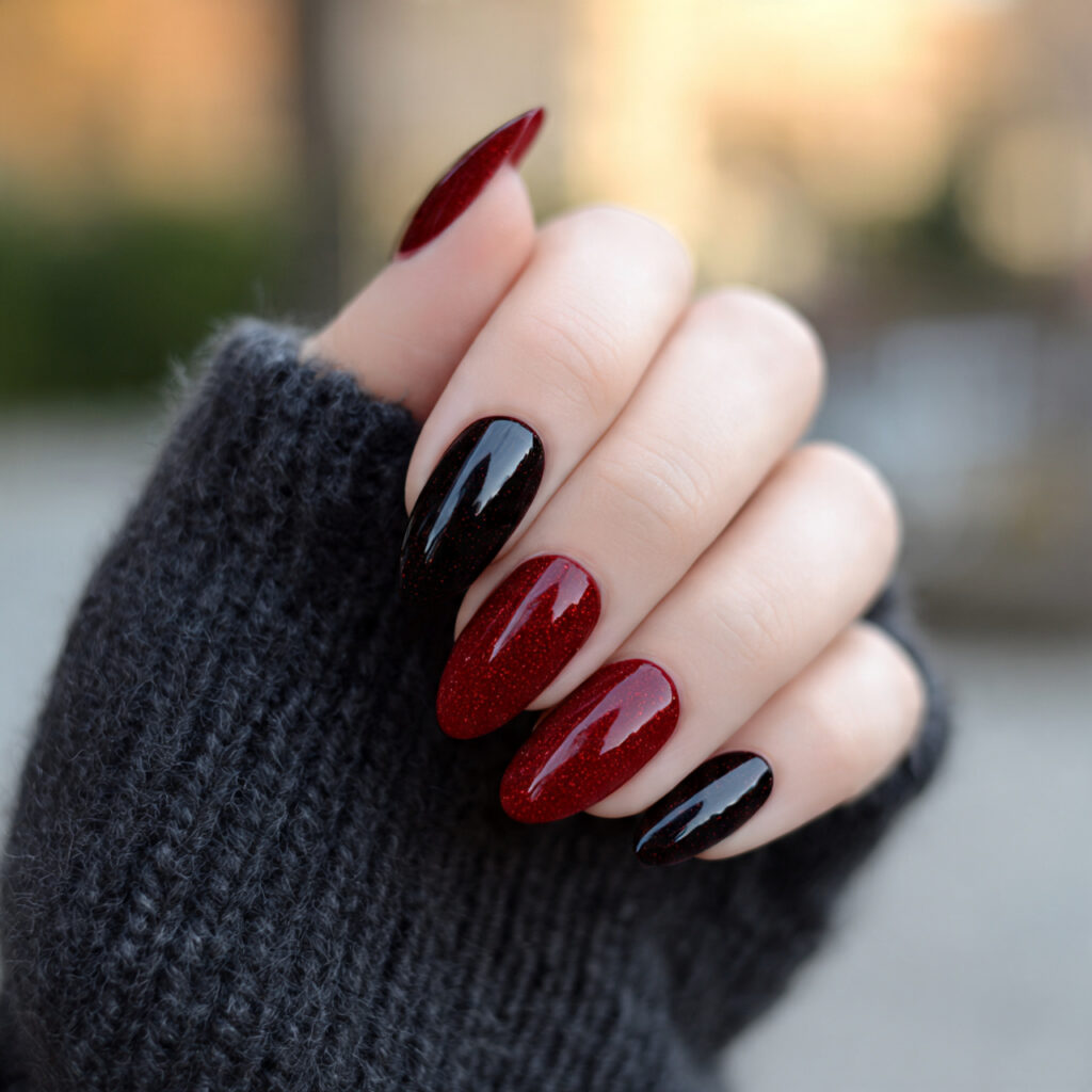 attractive black soft to cherry red almond nails w