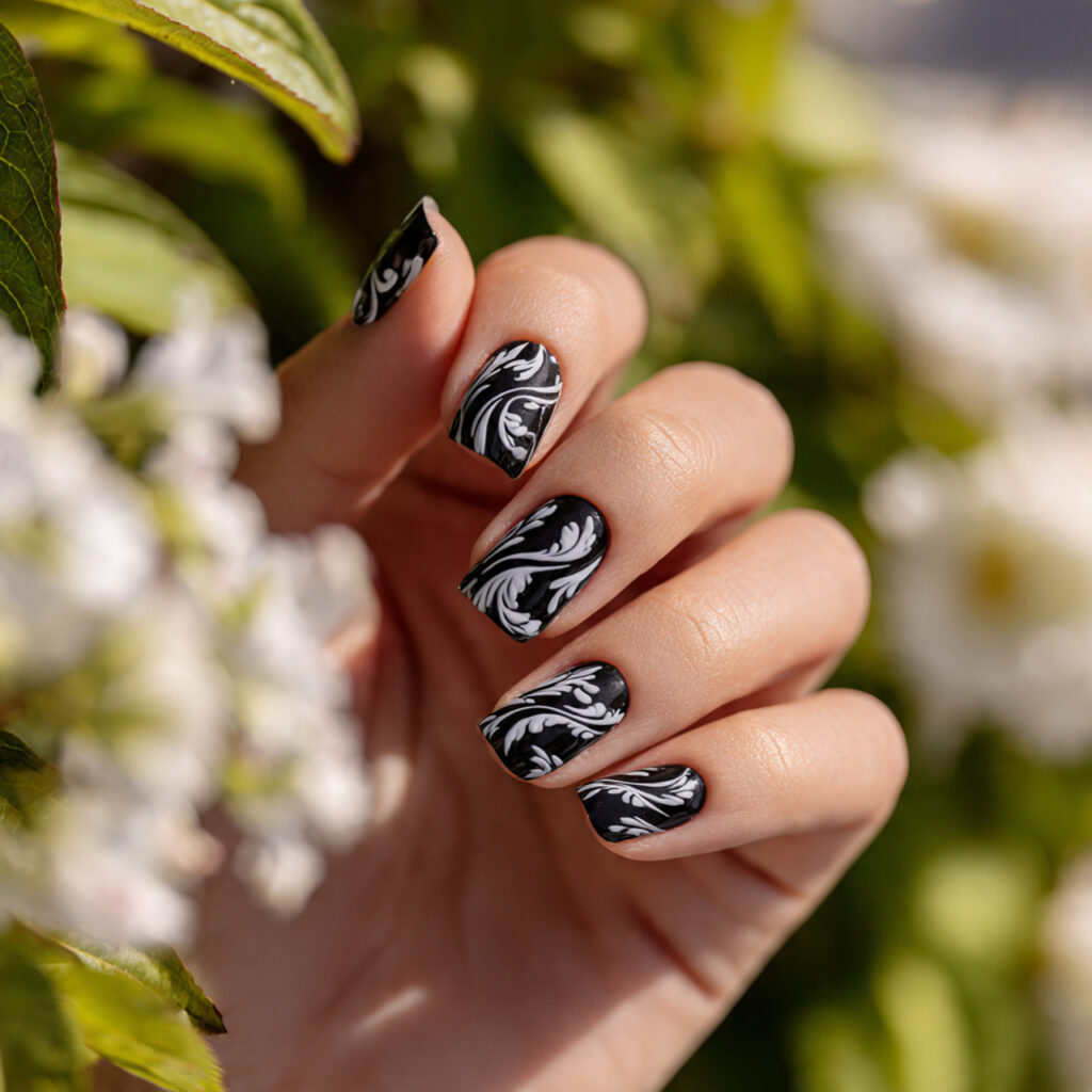 attractive black swirl short nails nails with outd