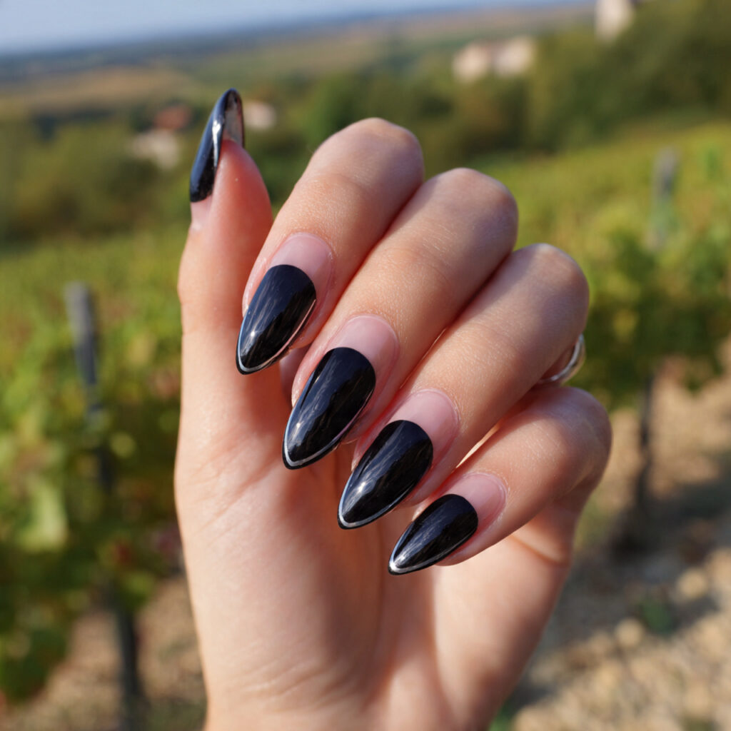 attractive black v french almond nails with outdoo
