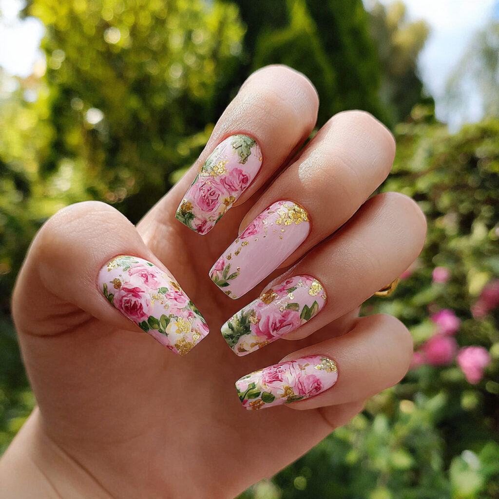 attractive blooming gel floral nails with outdoor