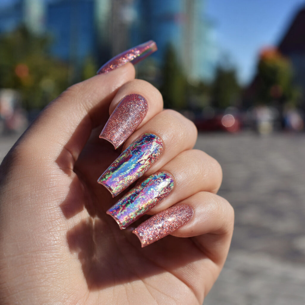 attractive blown glass shimmer nails with outdoor
