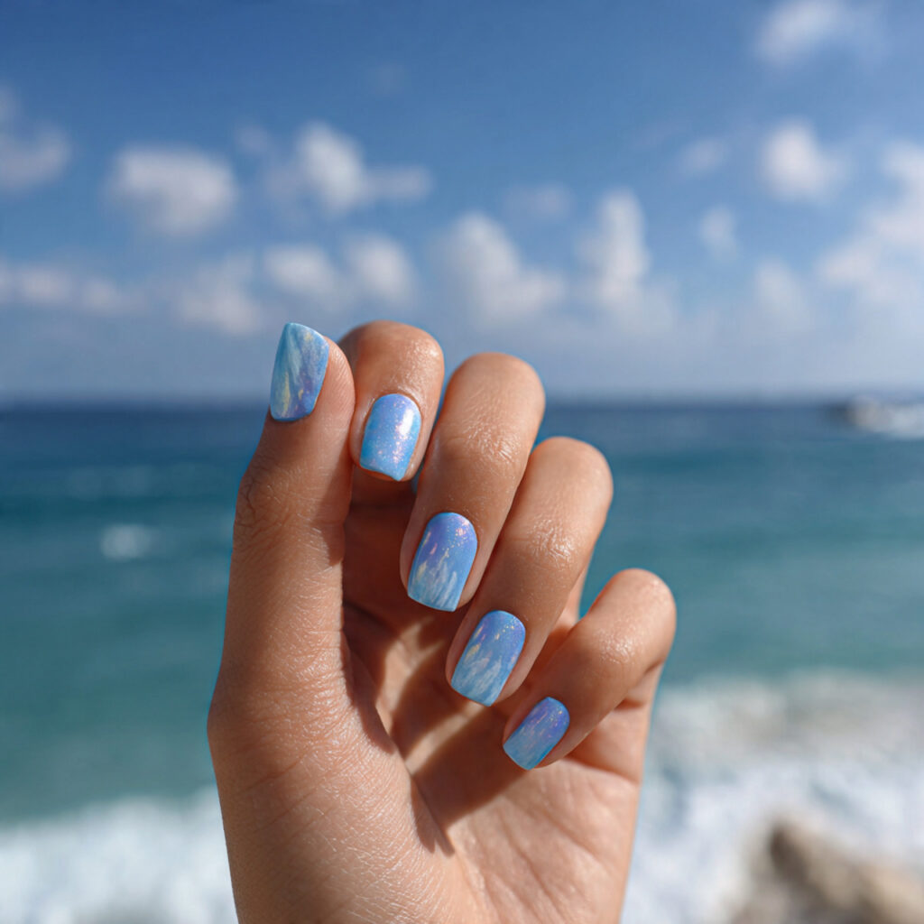 attractive blue aura beach nails with summer outdo