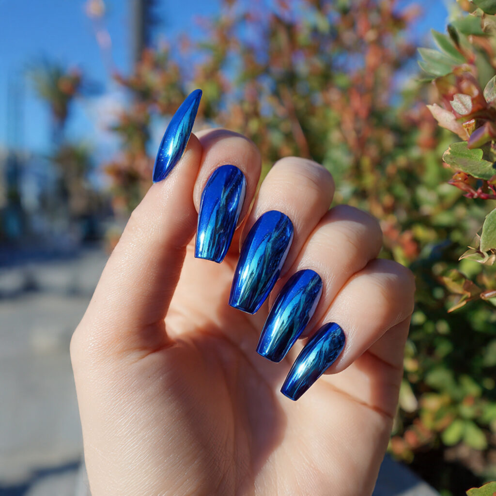 attractive blue chrome coffin nails with outdoor b