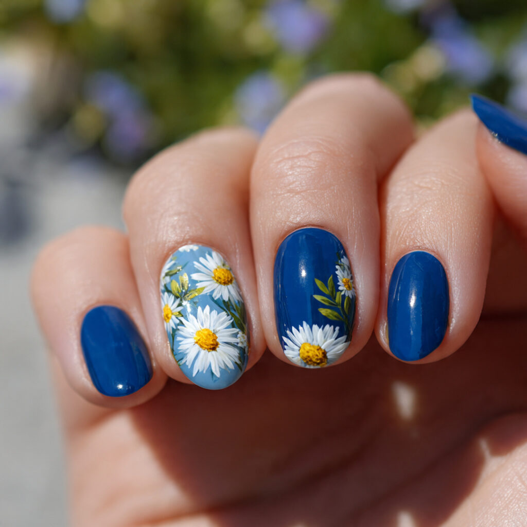 attractive blue daisy accent nails with outdoor ba
