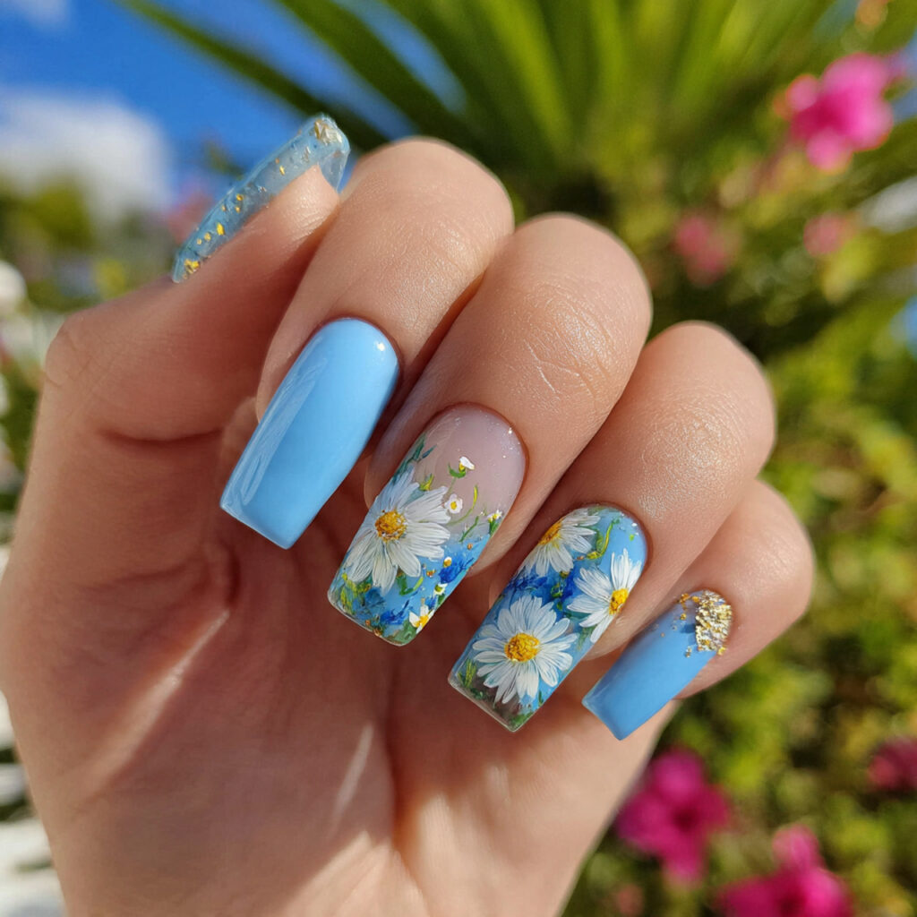 attractive blue daisy accent on milky base nails w