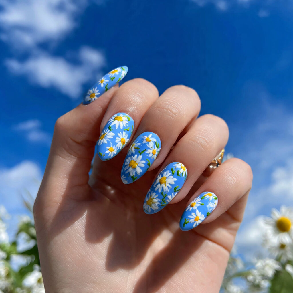 attractive blue daisy almond nails with summer out 1