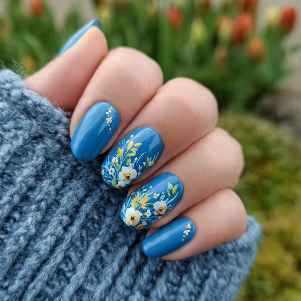 attractive blue floral accent nails with outdoor b