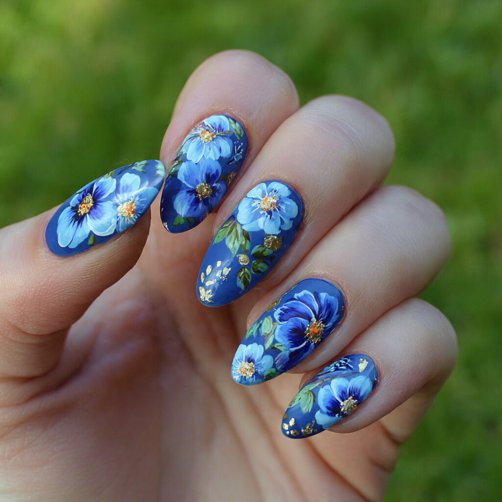 attractive blue floral acrylic nails with outdoor