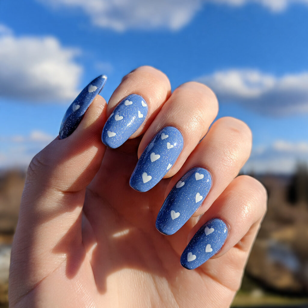 attractive blue micro heart nails with outdoor bac