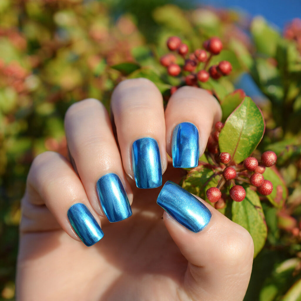 attractive blue pearl glazed nails with outdoor ba