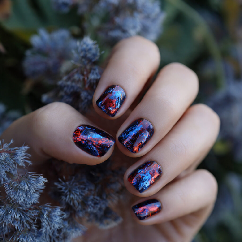 attractive blue red glass short nails with outdoor