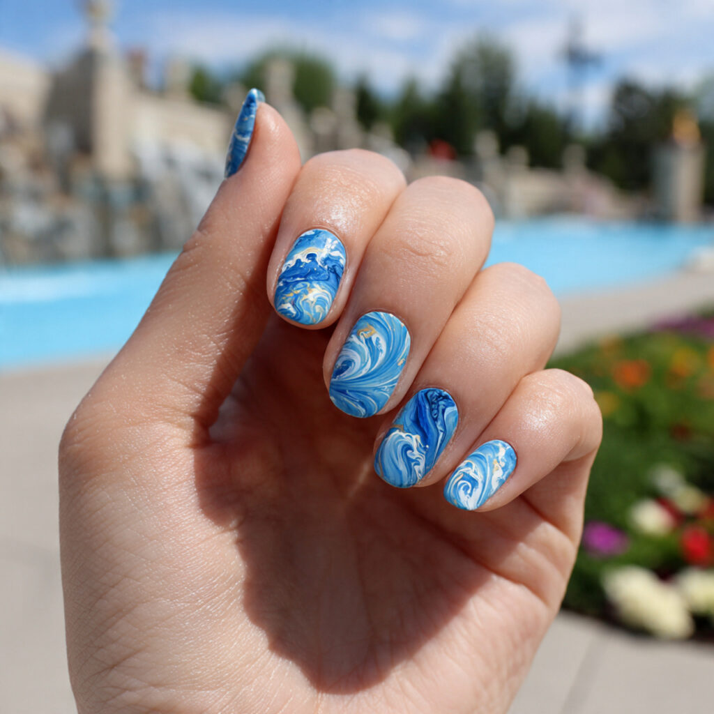 attractive blue wave swirl nails on simple base na