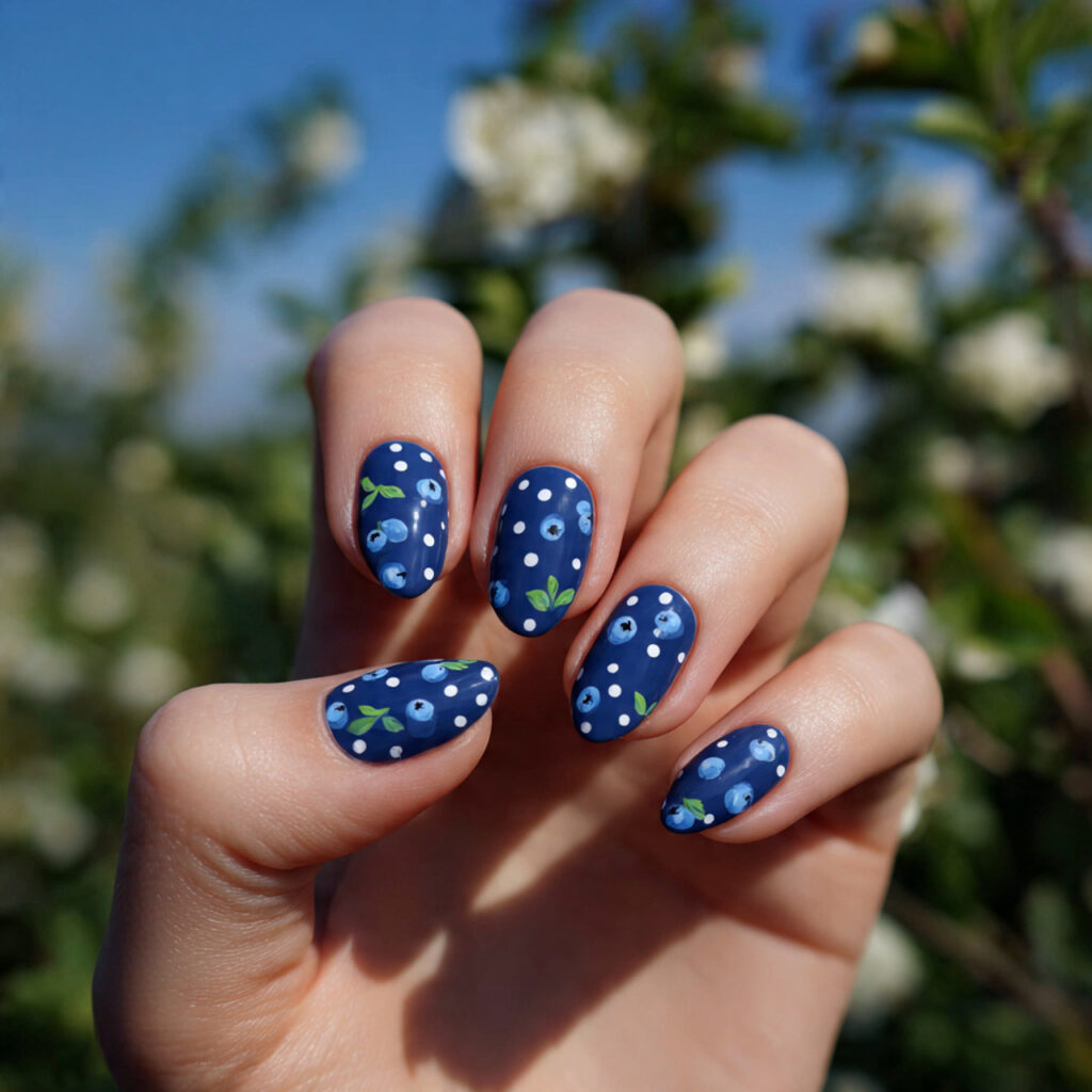 attractive blueberry dot almond short nails with o