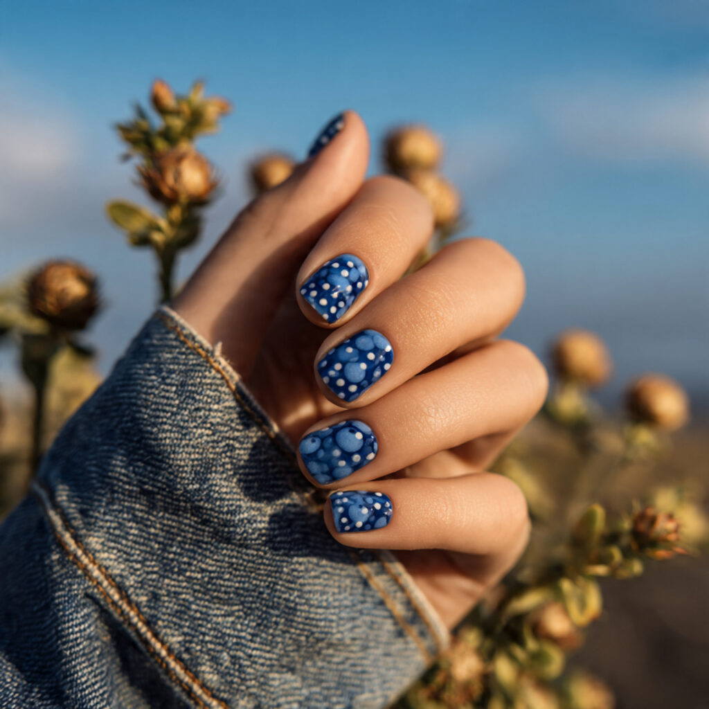 attractive blueberry dot short nails with outdoor