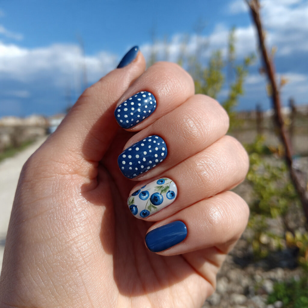 attractive blueberry dot short nails with outdoor 1
